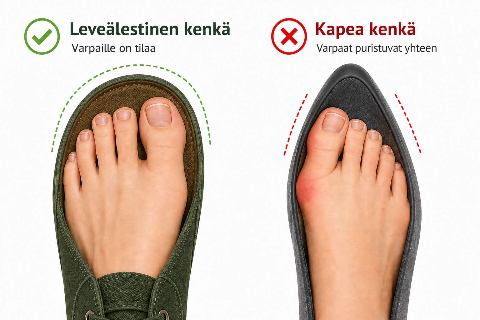 Vertailu: leveälestisessä paljasjalkakengässä varpaille on tilaa, kapeassa kengässä varpaat puristuvat yhteen